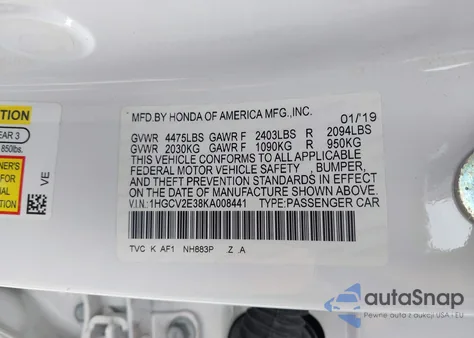 2019 Honda Accord Sport 2.0T z USA, uszkodzony, nr VIN 1HGCV2E38KA008441